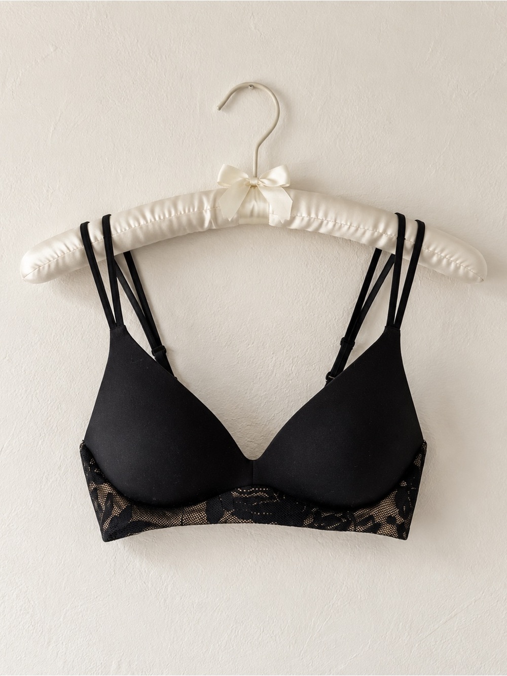 Aerie Black Wireless Lace-Trim Padded Bra with Double Straps Black 34B